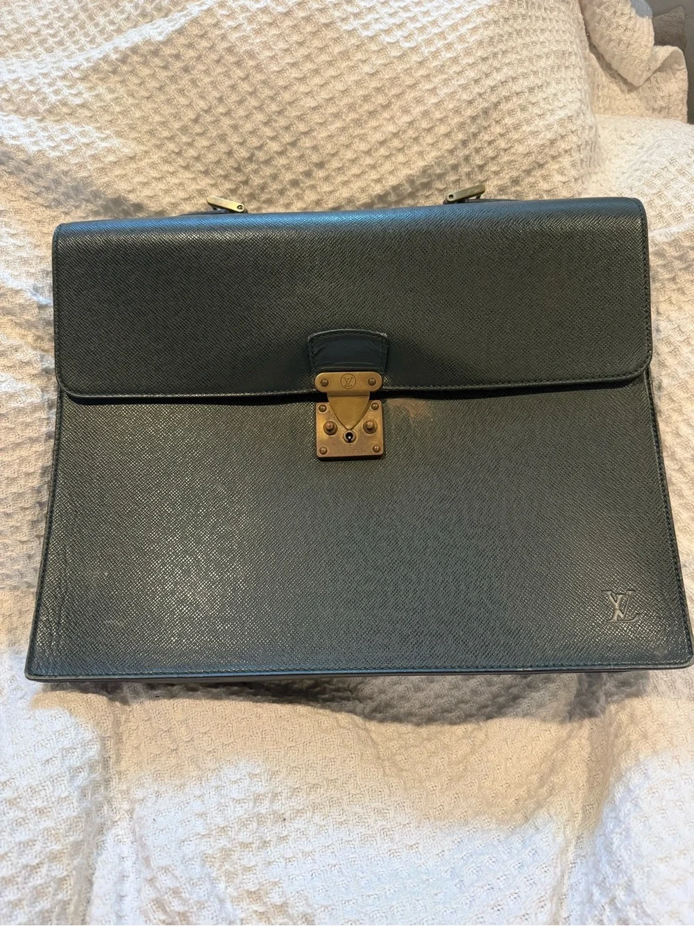 Authentic LV Serviette Kourad Briefcase Taiga Leather Dark Green